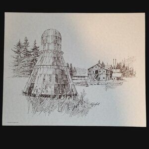 Wigwam Teepee Burner Logging Mill Sketch Print Monochrome by Clif Hadfield 1978